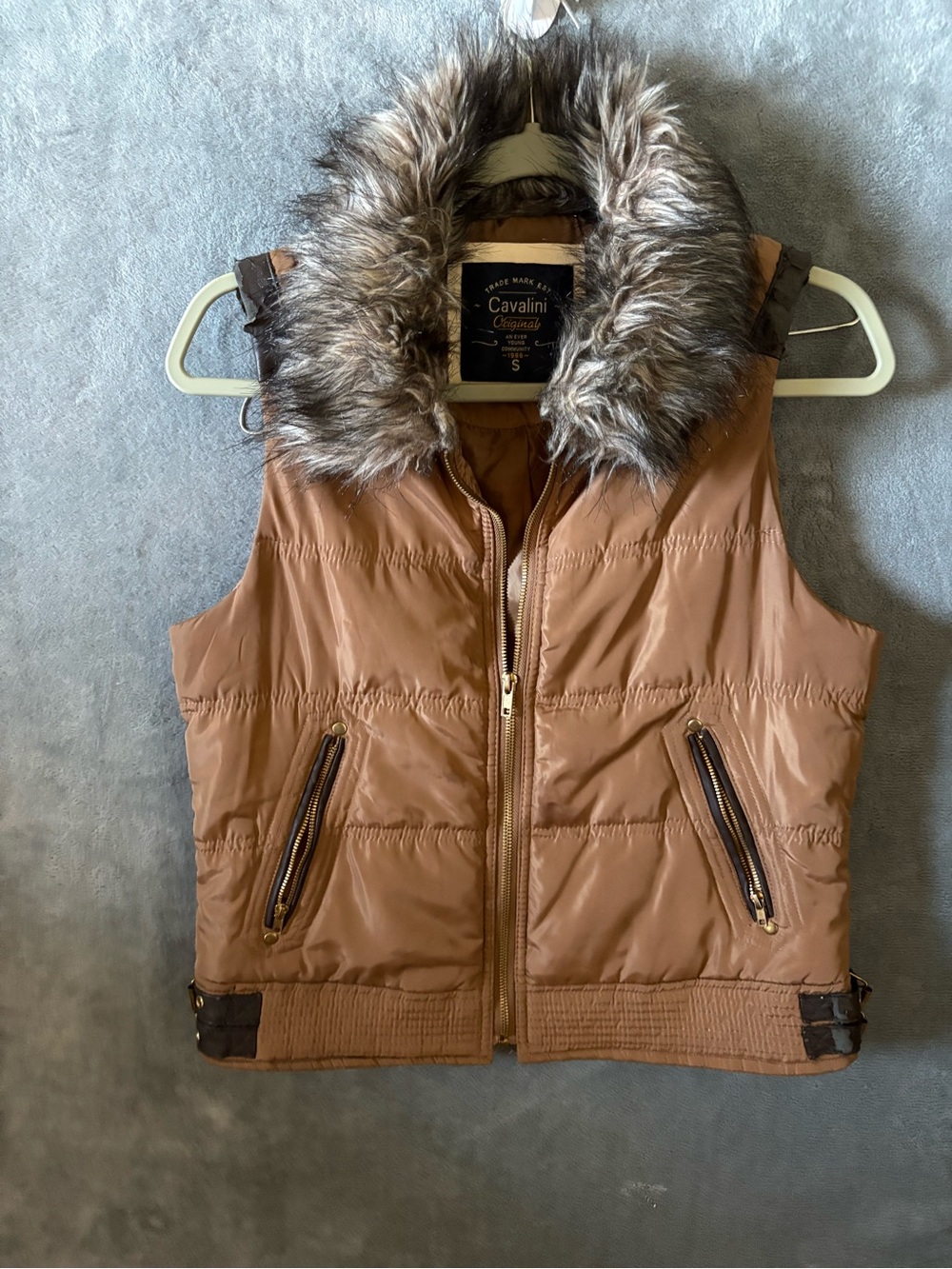 Cavalini Tan Brown Puffer Vest with Faux Fur Collar